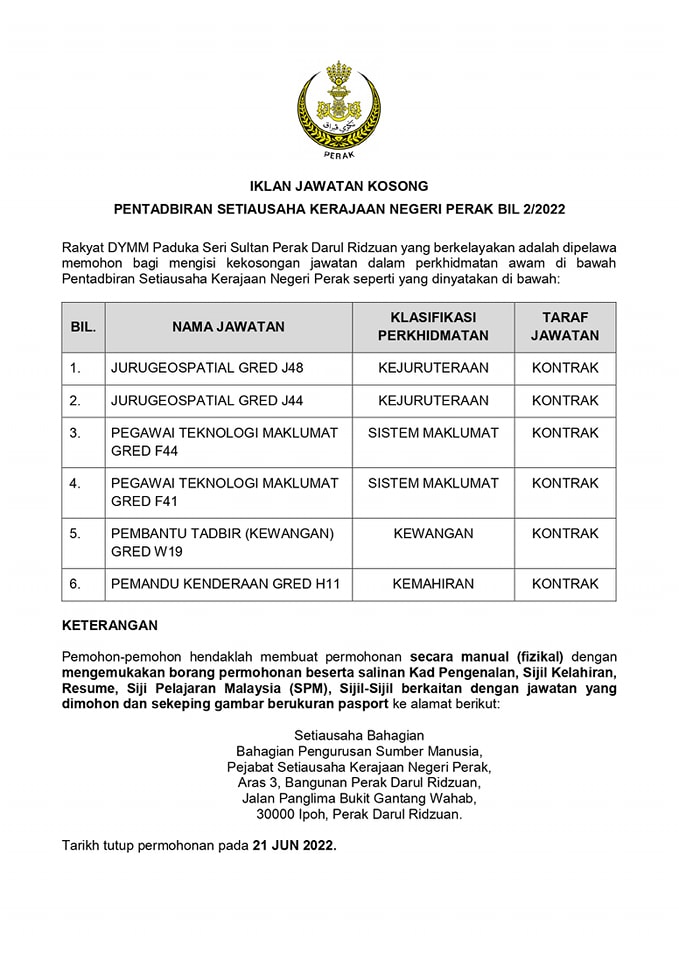 Jawatan Kosong Pentadbiran Setiausaha Kerajaan Negeri Perak