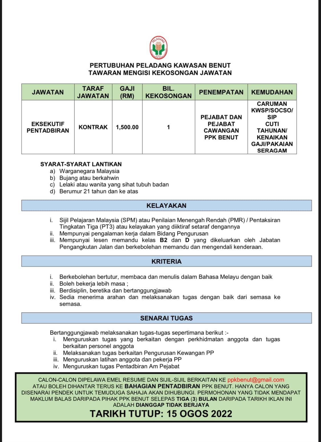 Iklan Jawatan Pertubuhan Peladang Kawasan Benut Tawarankerja